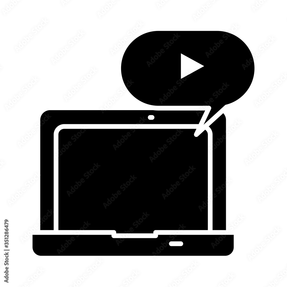 online learning concept, laptop computer with speech bubble with video icon, silhouette style online learning concept, laptop computer with speech bubble with video icon, silhouette style