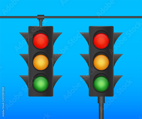 Traffic lights banner on blue background. Vector stock illustration.