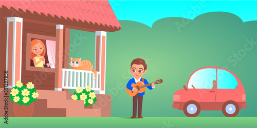 A boy in love plays the guitar under the window of a girl. She looks out with a smile. On the porch is a funny cat. In the background is a car. Vector cartoon romantic illustration.