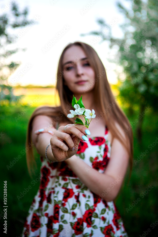 A girl with long hair in an apple orchard, holding flowers and apple petals in her hand. A girl with long hair in an apple orchard, holding flowers and apple petals in her hand.