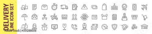 Delivery vector isolated line icon set. post service & vehicles signs