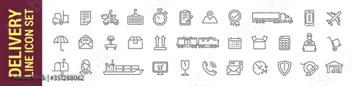 Delivery vector isolated line icon set. post service & vehicles signs