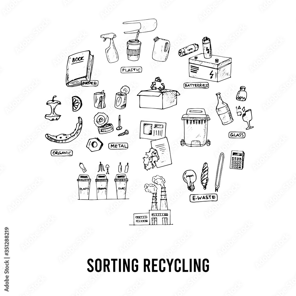 Sorting recycling isolated hand drawn doodles Vector Sorting recycling isolated hand drawn doodles Vector