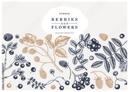 Hand drawn berries greeting card or invitation in engraved style. Wild berries and flowers frame design. Hand drawing. Vintage forest plants sketch. Summer berries outline. Healthy food ingredient.