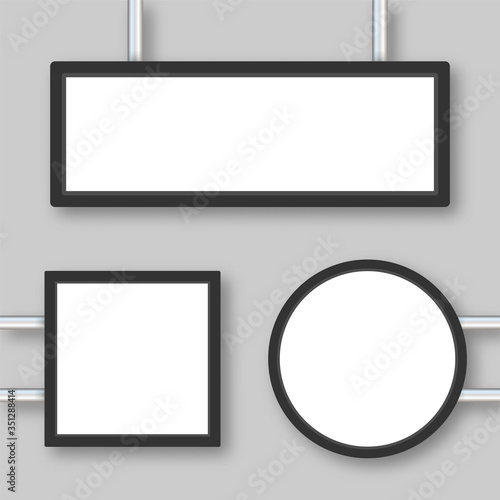 Rectangular signage light box signboard. Black metal cafe, restaurant outdoor mock up. Vector stock illustration.