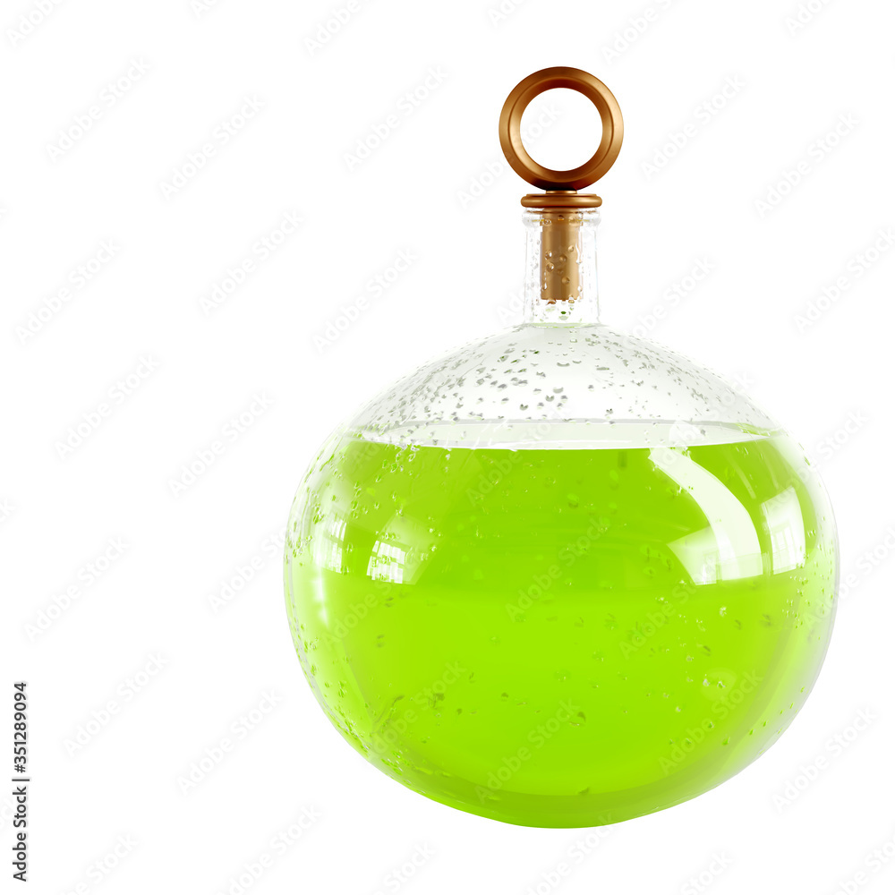 Obraz premium Round glass carafe with green liquid and drops on the glass on a white background 3d rendering