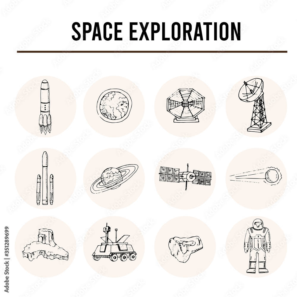 Space exploration isolated hand drawn doodles Vector 