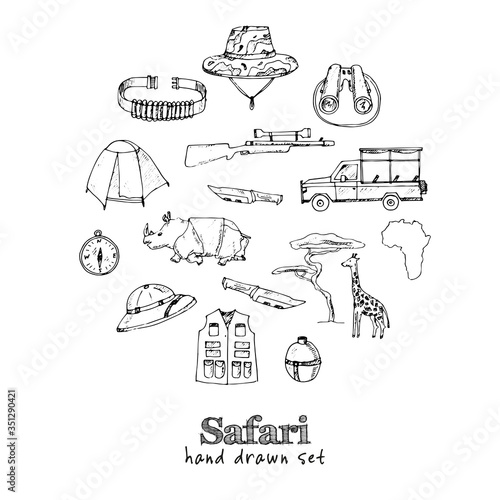 Safari set isolated hand drawn doodles Vector