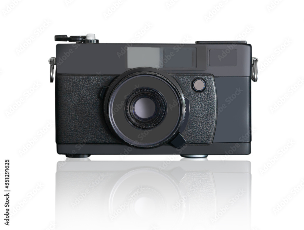 Closeup retro film photo camera isolated on white background Closeup retro film photo camera isolated on white background