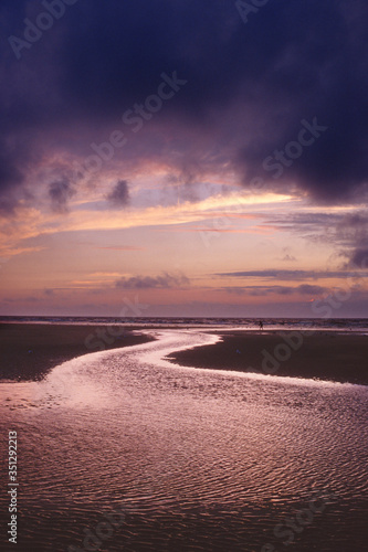 dramatic sunset over the beach in Ostend, Belgium