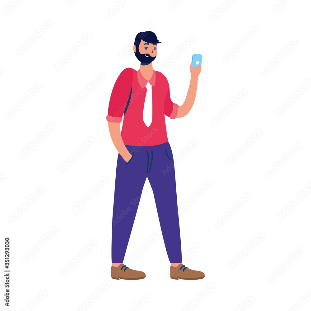 young man using smartphone character young man using smartphone character