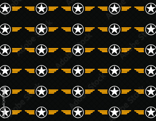 Aircraft logo white with golden wings repetion pattern set collage with black and diamond pattern at background. Based WWII Elementas and military art