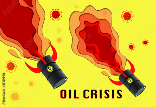 Rocket oil barrels fly down. Oil crisis 2020 concept. Coronavirus or COVID-19 pandemic global impact. 