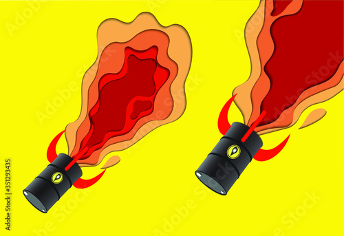 Rocket oil barrels fly down. Oil crisis 2020 concept. Coronavirus or COVID-19 pandemic global impact. 