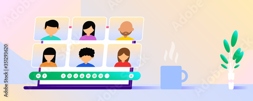 Meeting at Home Laptop Gradient Vector Illustration, Suitable for Web Banners, Infographics, Book, Social Media, And Other Graphic Assets