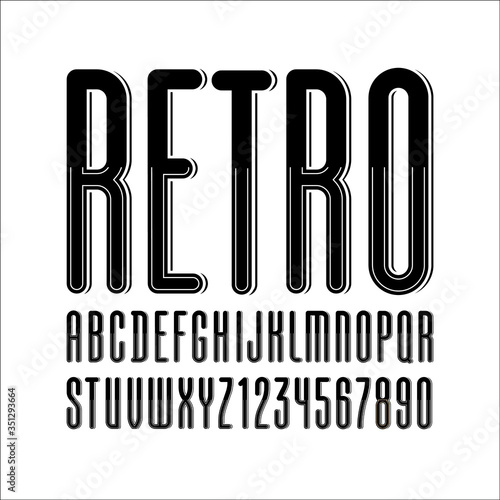 Ultra high font of retro style, old alphabet sans serif, rounded black letters from A to Z and numbers from 0 to 9 for you designs, vector illustration 10EPS
