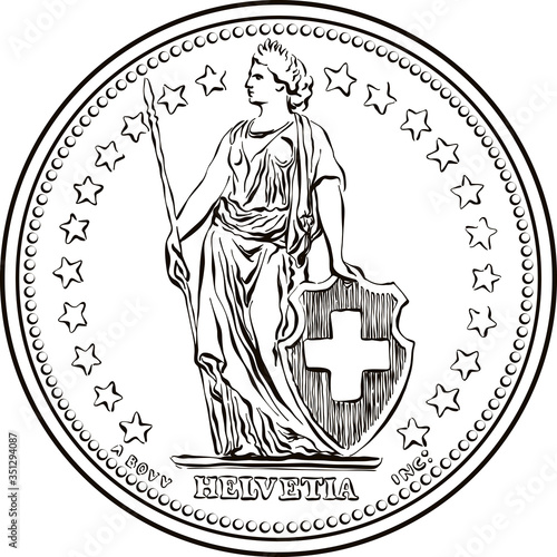 Black and white sketch of Obverse of 1 Swiss franc coin, Helvetia shown standing, the official coin used in Switzerland and Liechtenstein photo