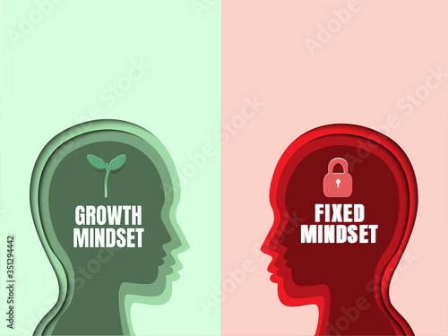 Human head with brain inside. Growth mindset VS Fixed mindset. Mindset Opposite Positivity Negativity Thinking Concept. 3D abstract paper art style, Vector illustration.