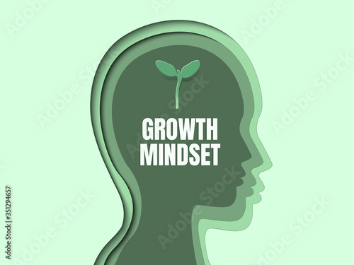 Human head with brain inside. Growth mindset. Mindset Opposite Positivity Negativity Thinking Concept. White text over  Green Background. 3D abstract paper art style, Vector illustration.