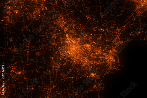 Tianjin aerial view. Night city with street lights, view from space. Urbanization concept, render