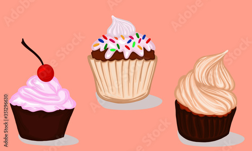 banner set of cupcakes with cream sweets macaroons goodies print card baking pastry icon vector illustration