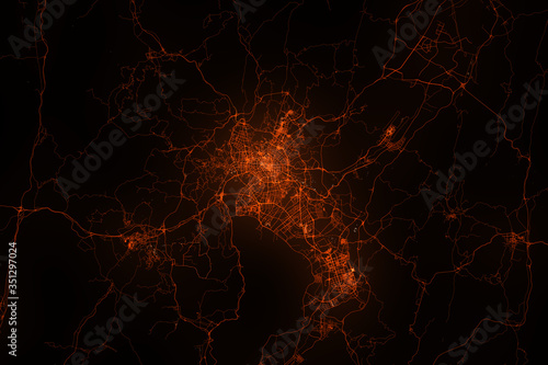 Kunming aerial view. Night city with street lights  view from space. Urbanization concept  render