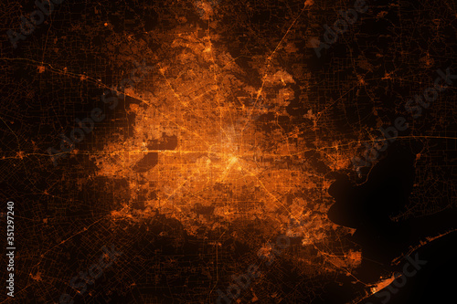 Houston satellite view. Night city with street lights, view from space. Urbanization concept, render