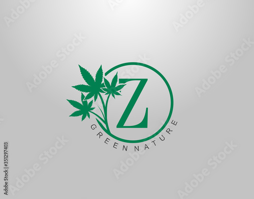 Z Letter Logo Circle Nature Canabis Leaf, vector logo design concept medical marijuana leaf with initial letter logo icon for nature business.
