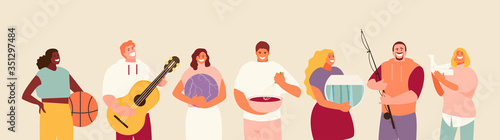 Group of people with differences favorite hobbies and interests. Vector characters