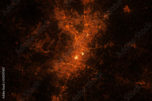 Austin top view. Night city with street lights, view from space. Urbanization concept, render