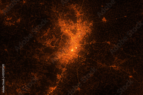 Austin aerial view. Night city with street lights, view from space. Urbanization concept, render