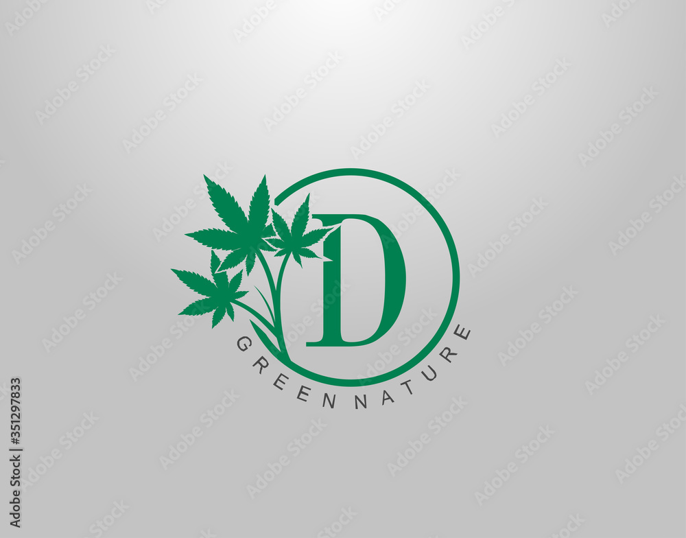 Fototapeta premium D Letter Logo Circle Nature Canabis Leaf, vector logo design concept medical marijuana leaf with initial letter logo icon for nature business.