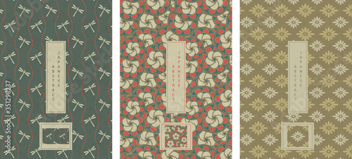 Oriental Japanese style abstract seamless pattern background design dragonfly dot line flower and plum blossom emblem