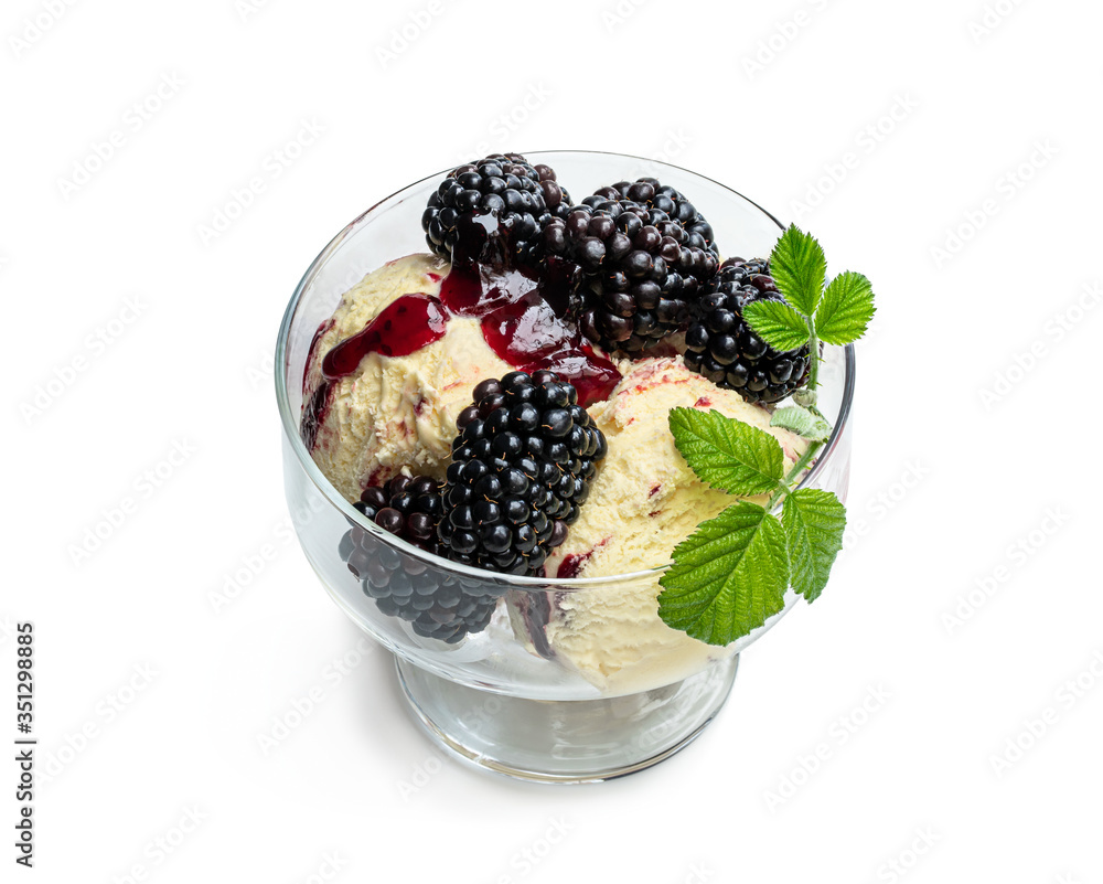 Soft ice cream with fresh blackberries isolated on white Soft ice cream with fresh blackberries isolated on white