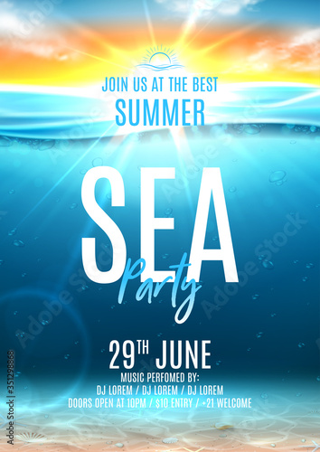Summer sea party poster template. Vector illustration with deep underwater ocean scene with seashells on sandy bottom. Realistic  sea landscape with sunset or sunrise. Invitation to nightclub.