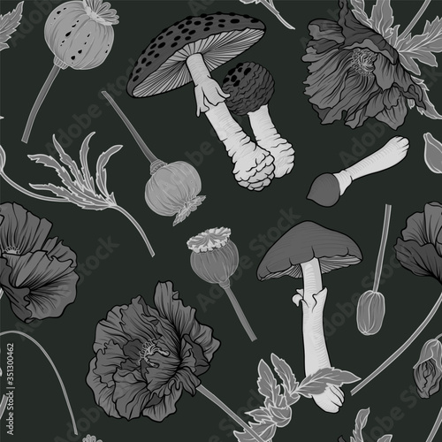 Seamless pattern, background with miraculous, hallucinogenic plants in botanical style in monochrome gray color. Vector illustration