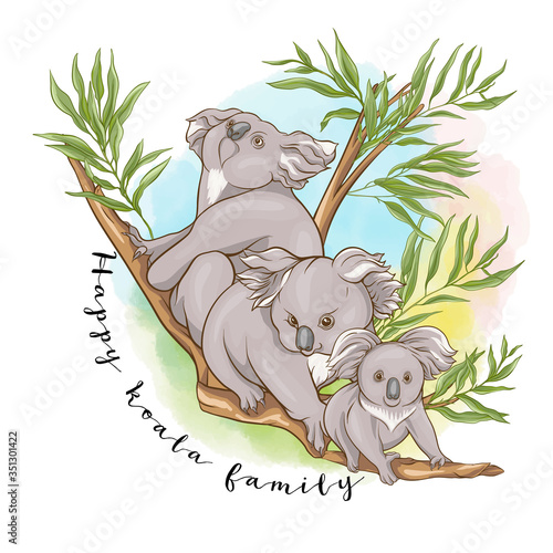 Happy koala family. Clip art, template design, good for the printing on cover of a notebook, tablet, phone. Colored vector illustration..