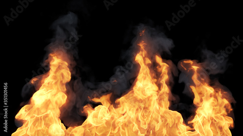 Fire flames burning emitting smoke on black background.