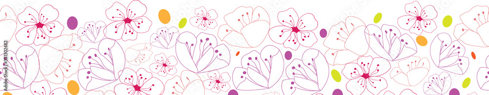 Poppy Flower border sketch outlines seamless vector repeat texture