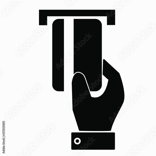 Hand and bank card. Credit card. Cashless payments. Settlements through the bank. On-line calculations. Vector icon.