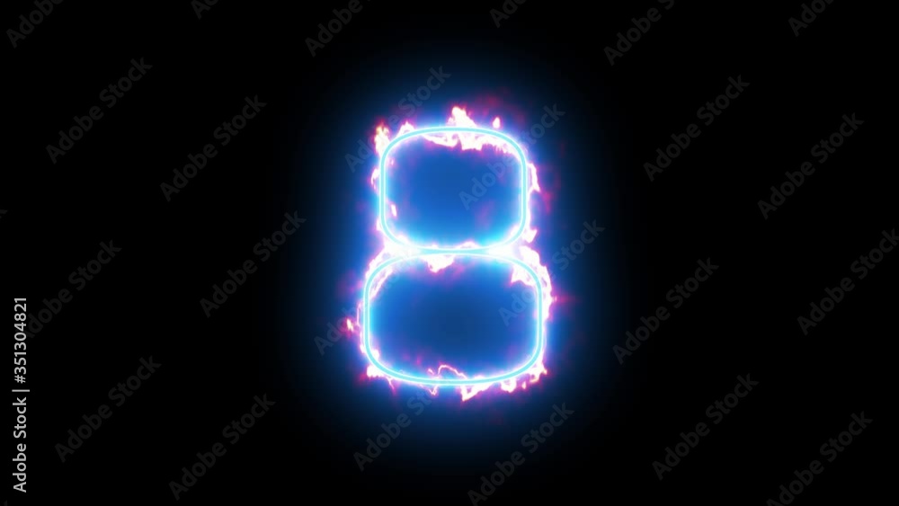 Blue lights form luminous numeral 8 on black background. Appears and disappears. Fiery style. 4k. Seamless loop. Blue lights form luminous numeral 8 on black background. Appears and disappears. Fiery style. 4k. Seamless loop.