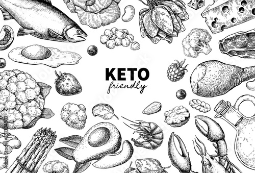 Keto diet vector drawing. Ketogenic hand drawn template. Vintage engraved sketch