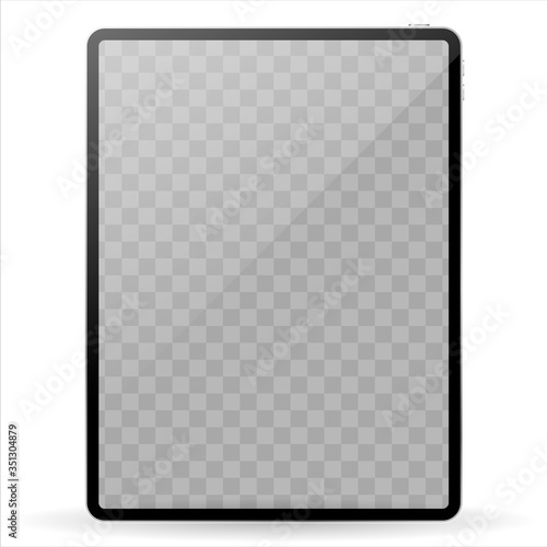 Modern black tablet computer mockup with transparent screen isolated on white background. Vector illustration