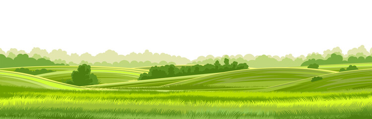 Canvas schilderij Wit Rural hills  landscape vector background on white. Pasture grass for cows. Meadows and trees. Horizon.  © WebPAINTER-Std