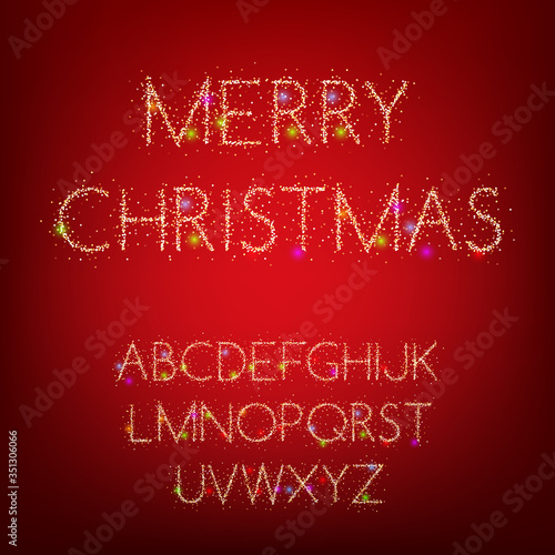 Shiny stylized alphabet on red background. Design element for Christmas or New Year greeting card, invitation or poster