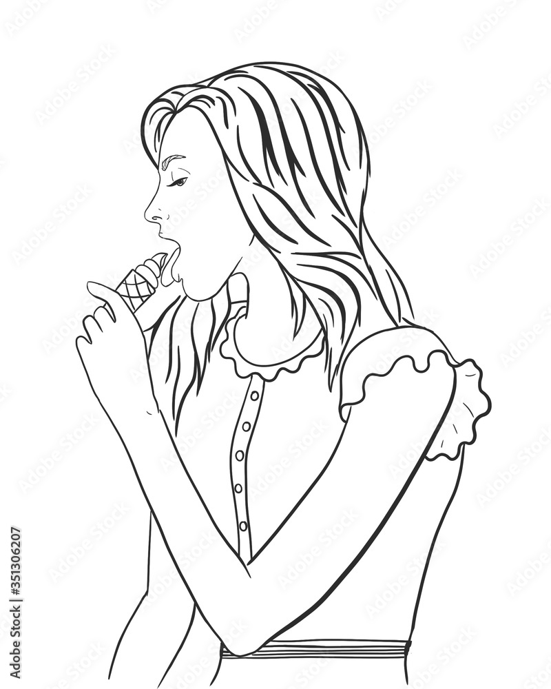 Woman licking ice cream illustration in gray color on white isolate Woman licking ice cream illustration in gray color on white isolate
