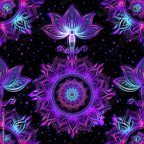 Seamless pattern with ornate Lotus flower. Ayurveda symbol of harmony and balance and universe. Boho print, poster, t-shirt textile. Vector illustration in neon, fluorescent colors..