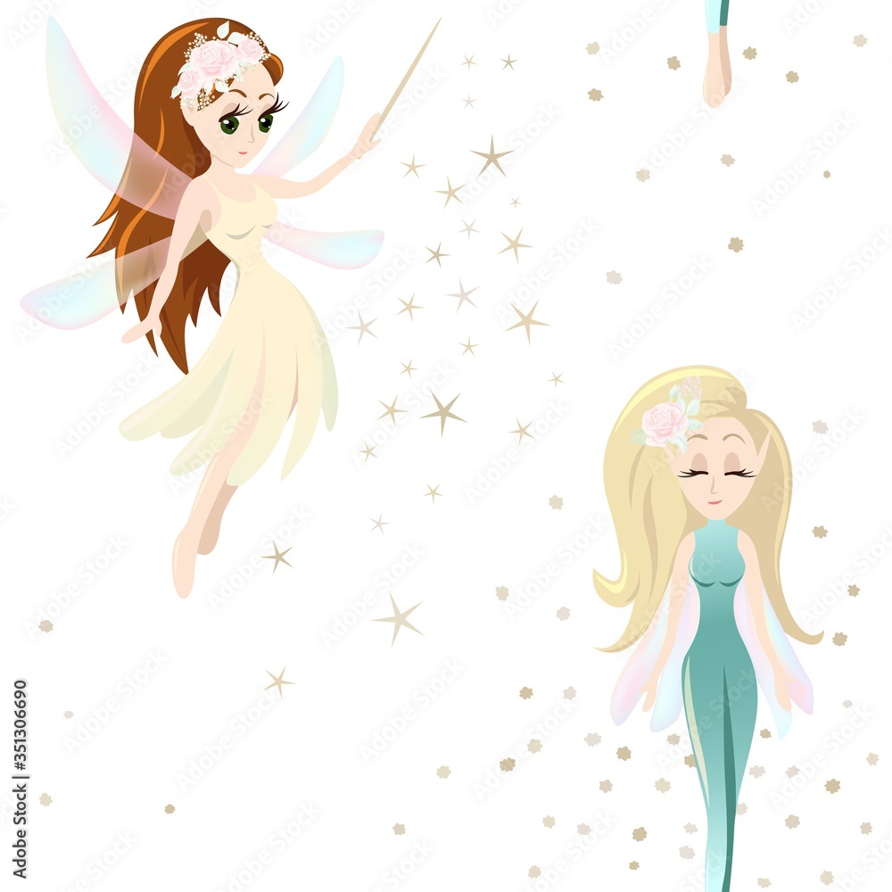 Vector seamless pattern with cute little fairy tale girls, mythical creatures