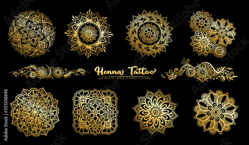 Set of elements for design in mehendi, traditional indian henna style. Ethnic style compositions. Floral ornaments and mandalas in gold and black. Vector illustration..