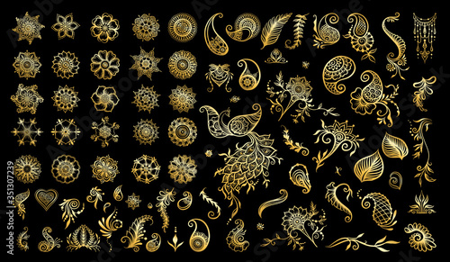 Set of elements for design in mehendi, traditional indian henna style. Ethnic style compositions. Floral ornaments and mandalas in gold and black. Vector illustration..
